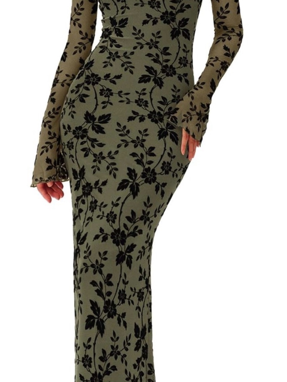 Long Sleeve Olive Green Floral Bodycon Maxi Dress